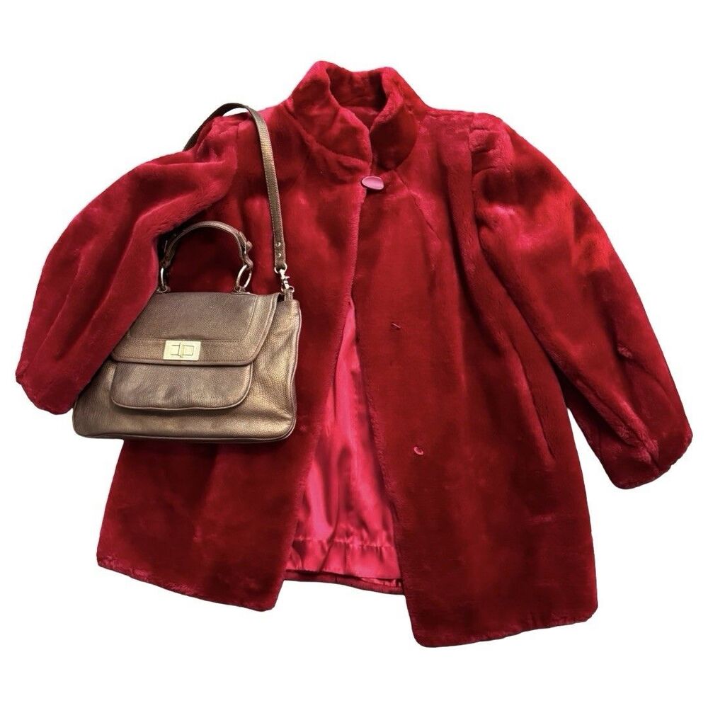 Vintage Fur Coat Jacket Womens XL Red Maroon Mob Wife Luxury Eclectic Haute USA